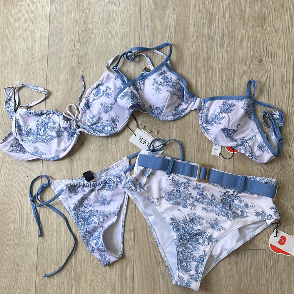 NEVER BEEN WORN! Cider blue and white toile de juoy bikini swim set!